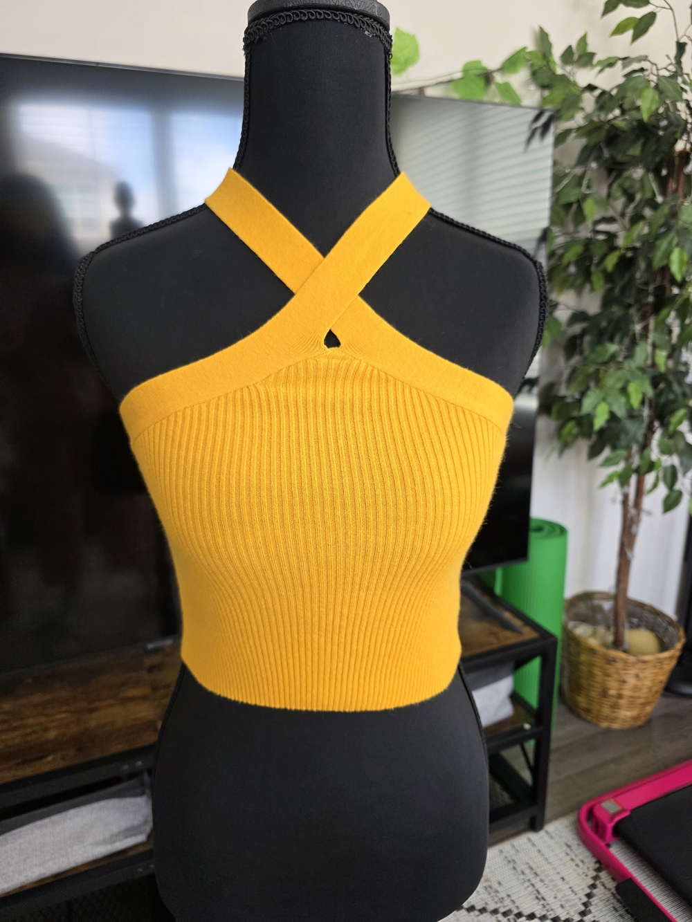 Kendall & Kylie Mustard Cross-Strap Ribbed Crop Tank
